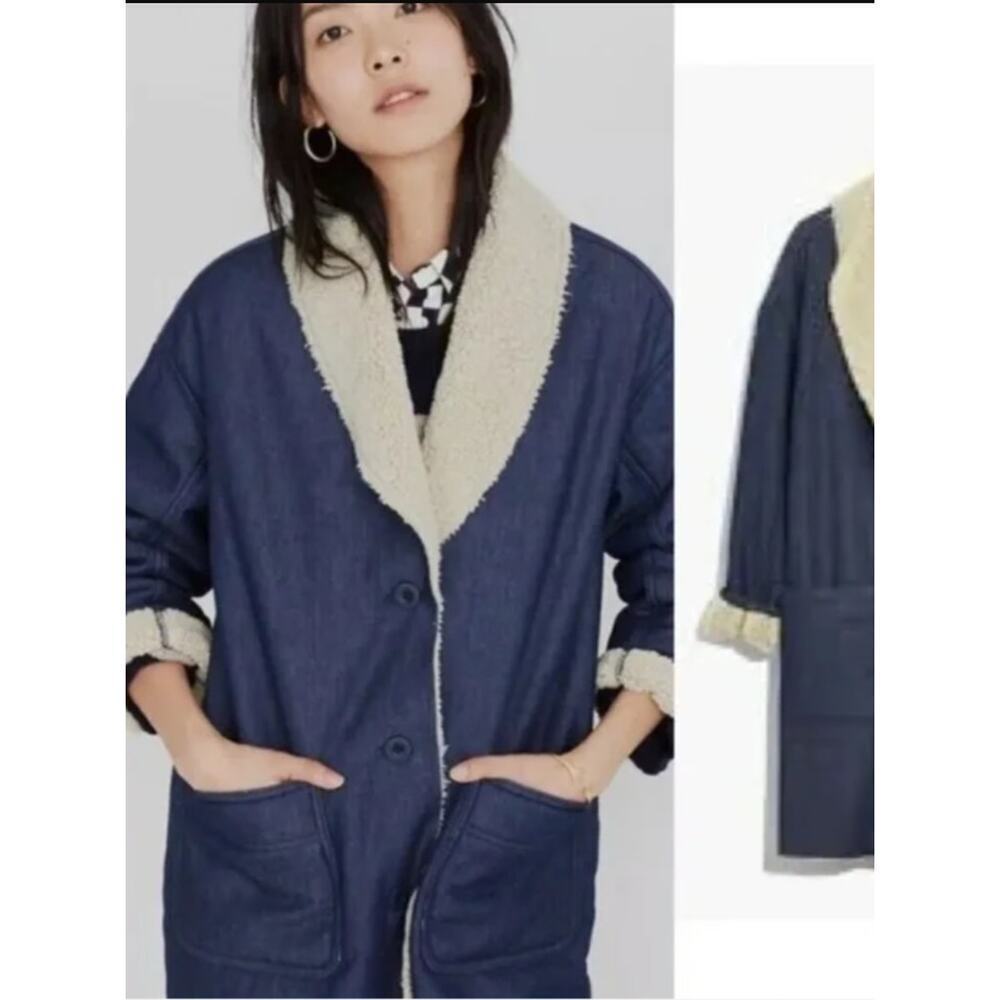 Madewell Sherpa-Bonded Denim Cocoon Coat Jacket Blazer S‎ Blue jean jacket